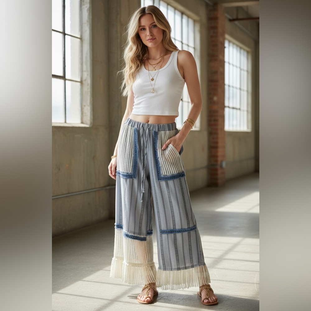 NWT POL Clothing Boho Bohemian Striped Crochet Mesh Patchwork Wide Leg Pants - Picture 3 of 11